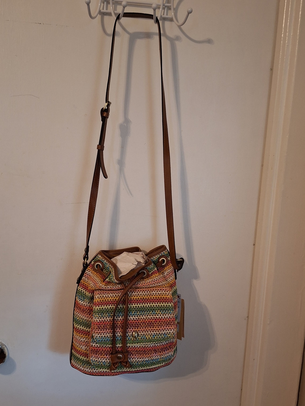Patricia Nash Multicolor Crochet Bucket Crossbody with Brown Leather Trim